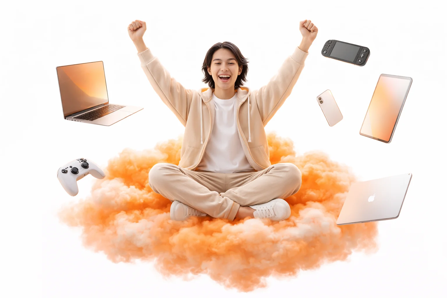 Buy smart, sell easy - persoană fericită înconjurată de gadgeturi